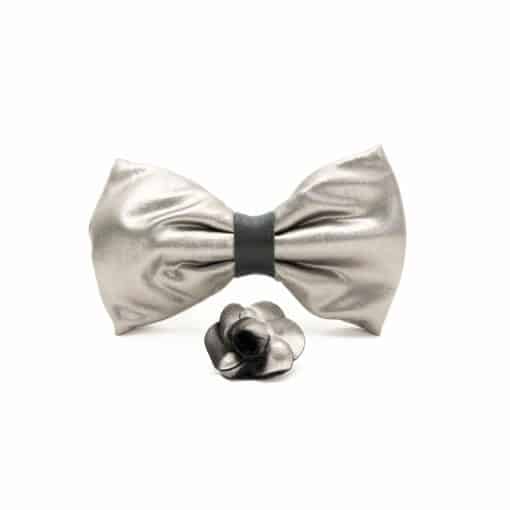 Shiny Silver faux leather bow tie with black knot, with matching faux leather pin.